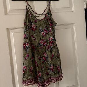 Hollister Green Floral Romper with Pink and White Accents